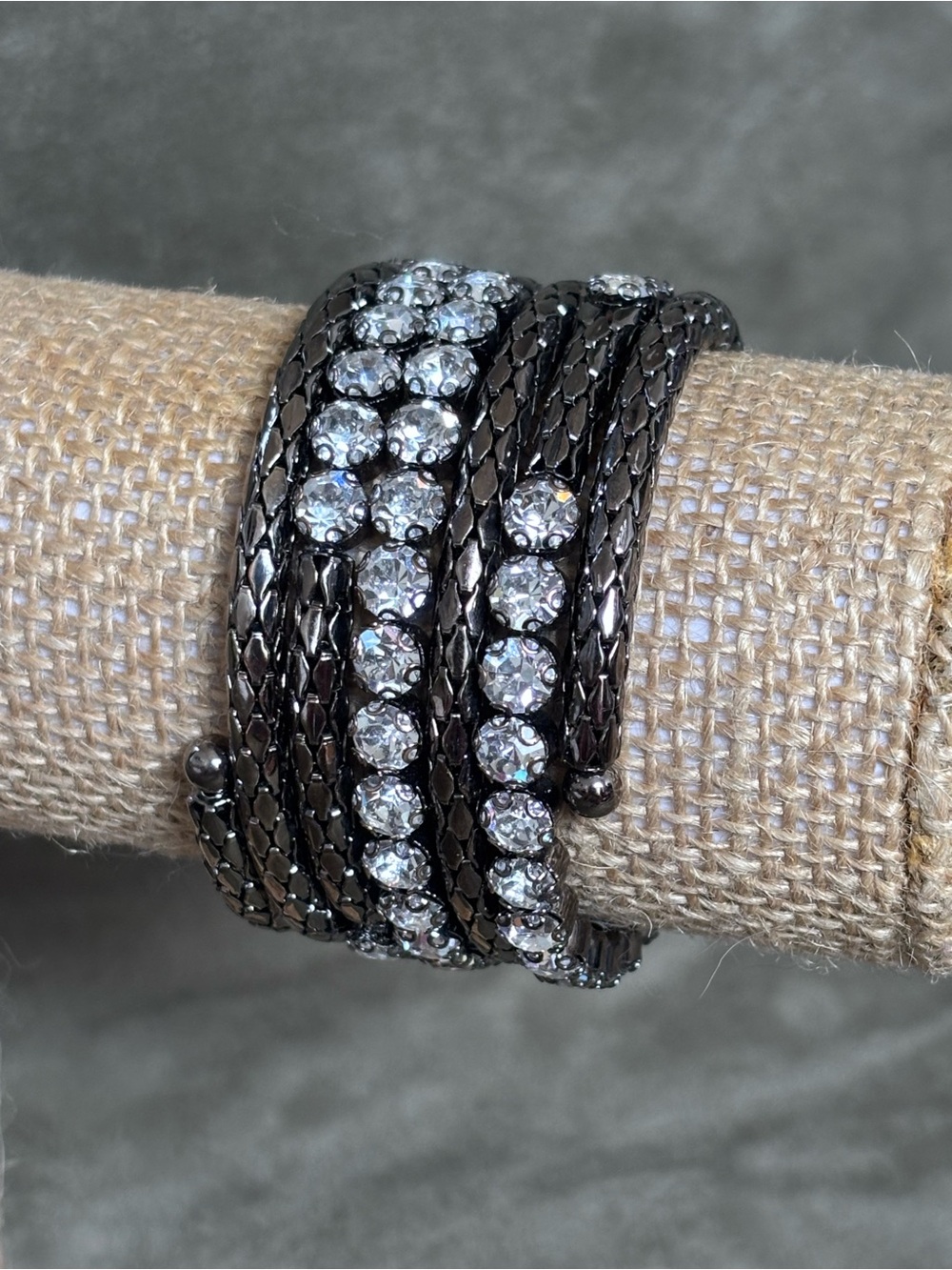 Hematite Silver Tone & Sparkling Genuine Crystal Wrap/Coil Bracelet Brand New!